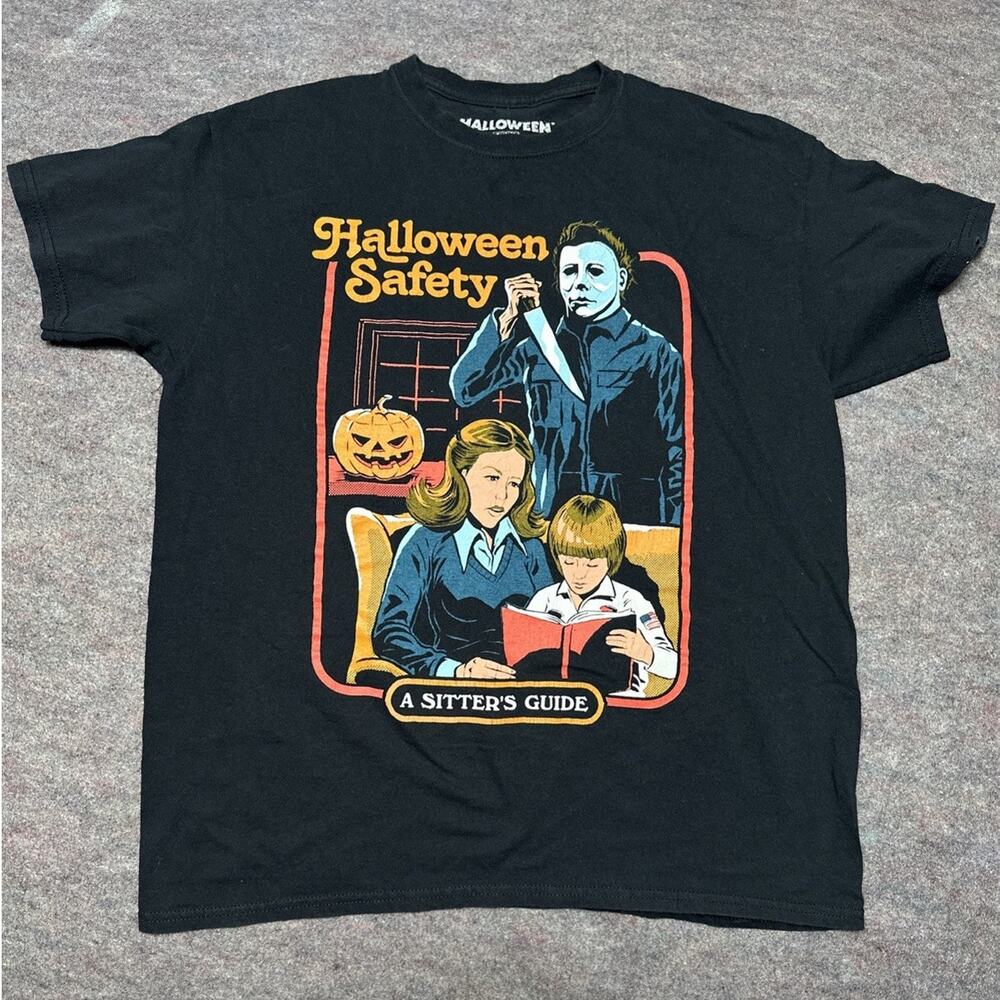 Hallowen Saftey Michael Myers A Sitters Guide to Horror T Shirt Sz L Creepy Co